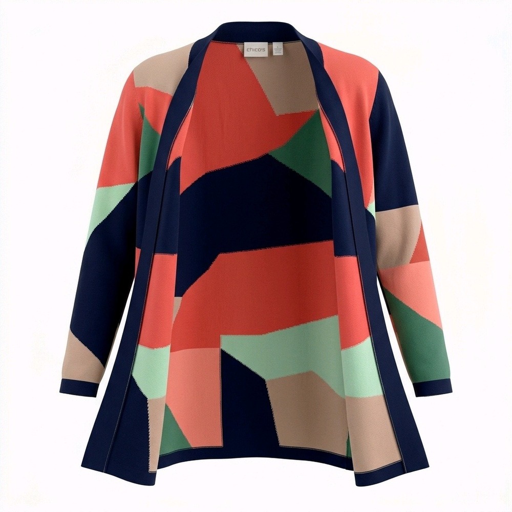 Chico's Women Size 1 M Colorblock Open Front Cardigan Geometric Sweater Cotton